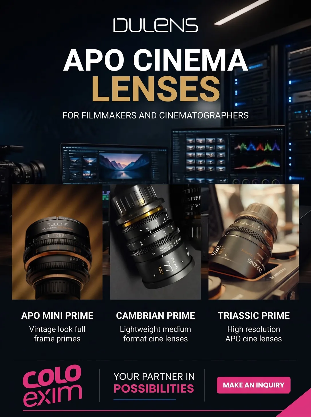 Dulens APO cinema lenses in India - Mini Prime, Cambrian, Triassic and MF60 | Colo Exim
