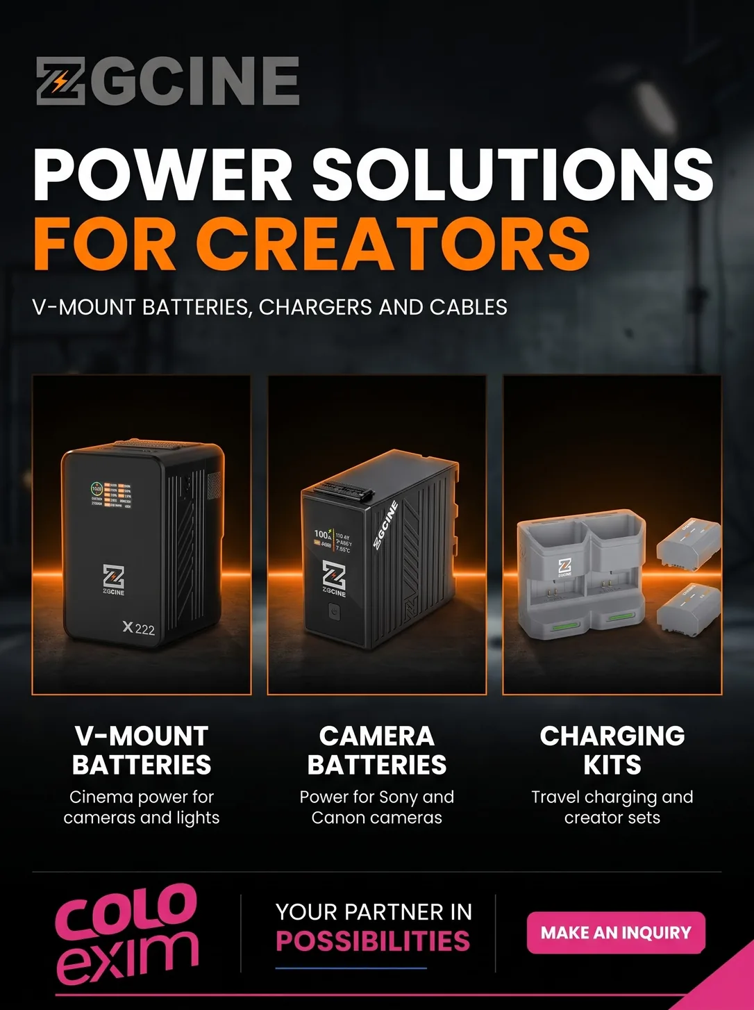 ZGCINE V-Mount batteries, chargers and power solutions in India | Colo Exim